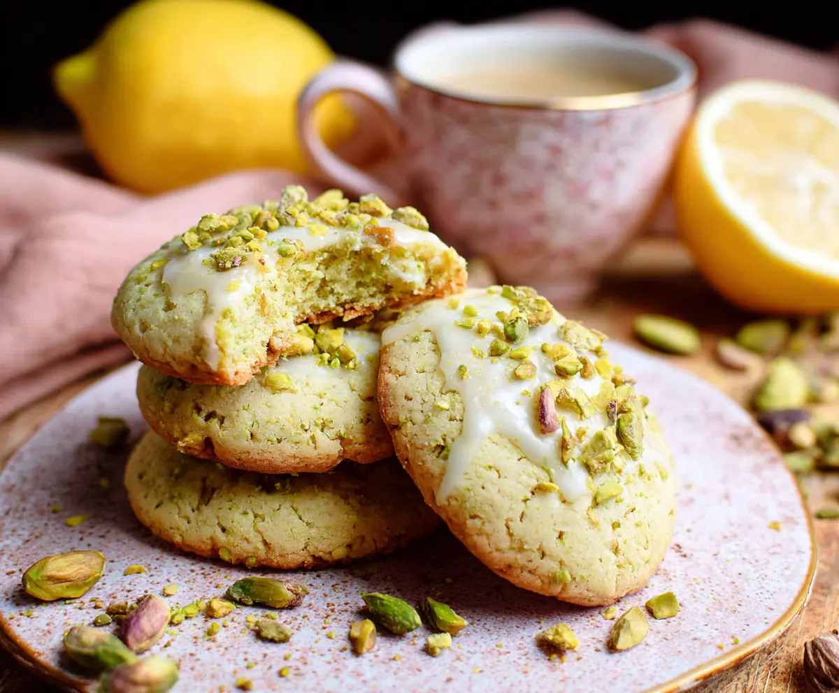 Delicious pistachio lemon cookies on a plate, showcasing a fresh citrus and nut flavor.