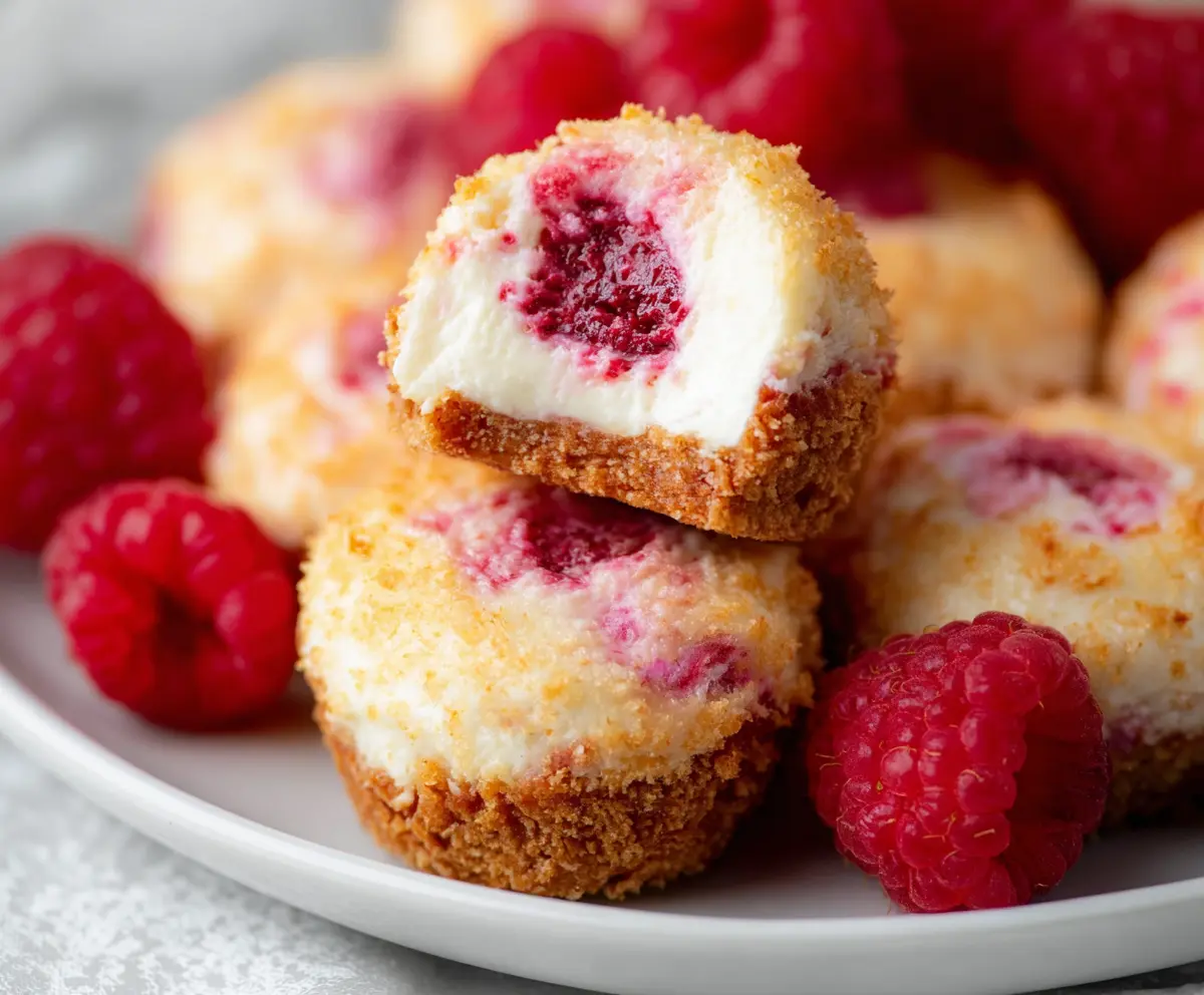 Delicious Raspberry Cheesecake Bites with a graham cracker crust topped with fresh raspberries.