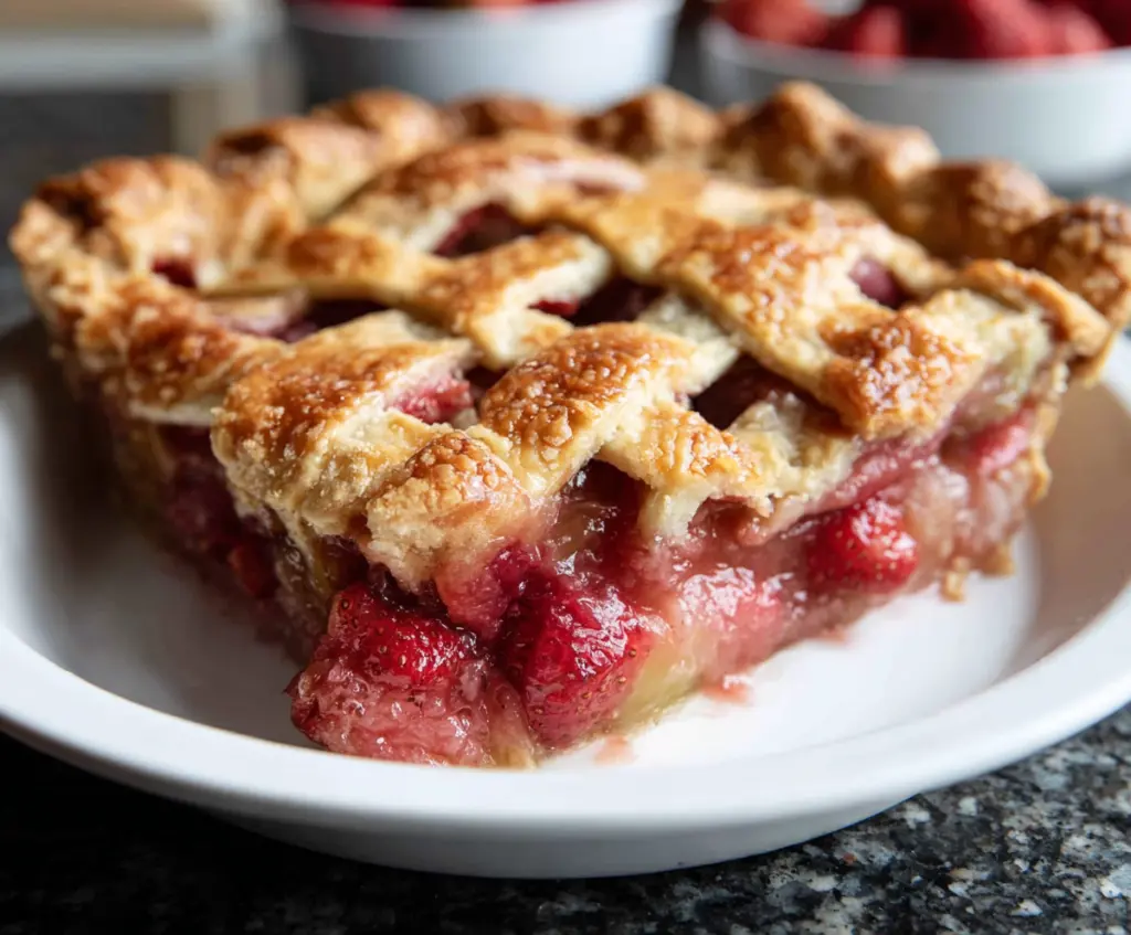 Delicious rhubarb strawberry pie with fresh, vibrant fruit filling and golden crust