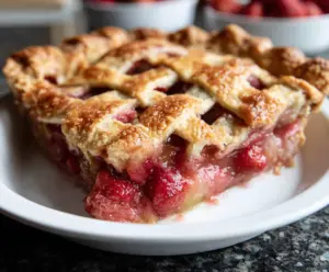 Delicious rhubarb strawberry pie with fresh, vibrant fruit filling and golden crust
