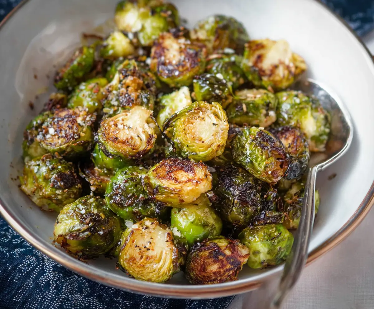 Delicious roasted Brussels sprouts with crispy edges and seasoning on a white plate.