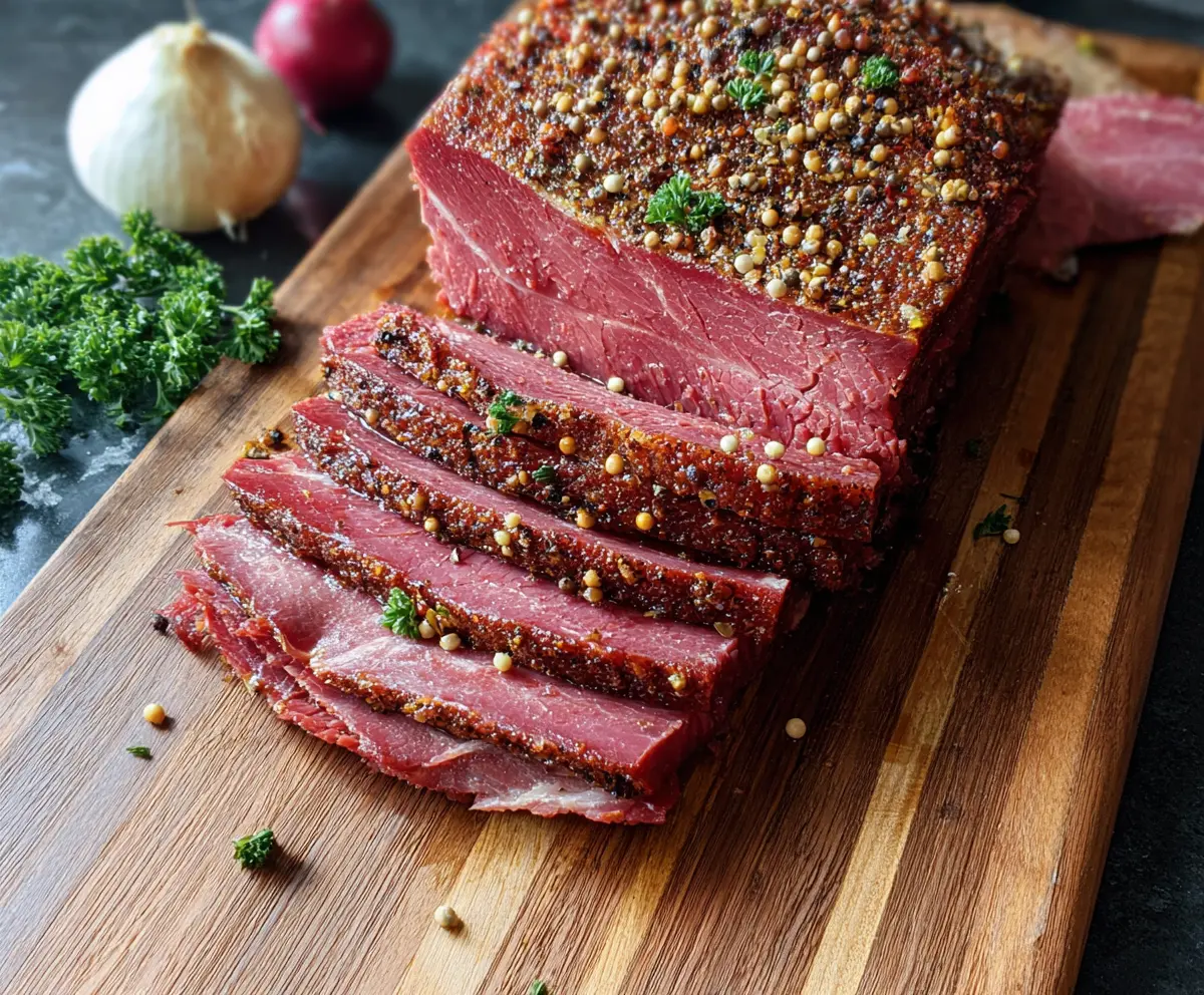 Juicy roasted corned beef with crispy edges served on a platter, perfect for a hearty meal