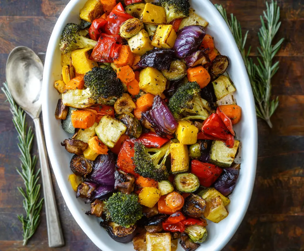 Colorful roasted vegetables including carrots, bell peppers, and zucchini on a baking tray, healthy and delicious side dish.