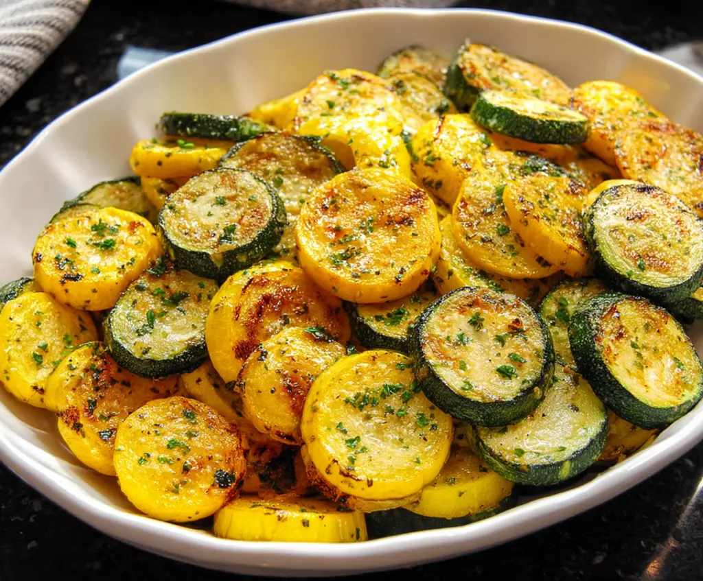 Delicious roasted zucchini and squash dish garnished with herbs