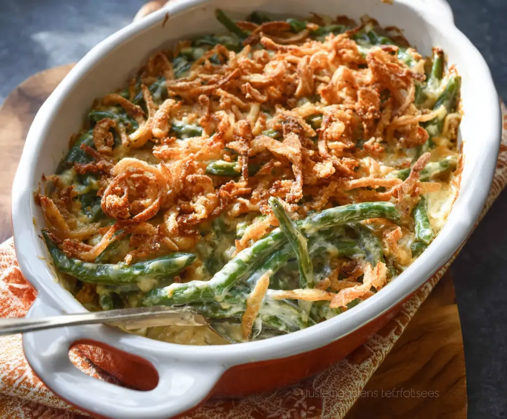 Delicious simple green bean casserole in a serving dish, perfect for holiday dinners.