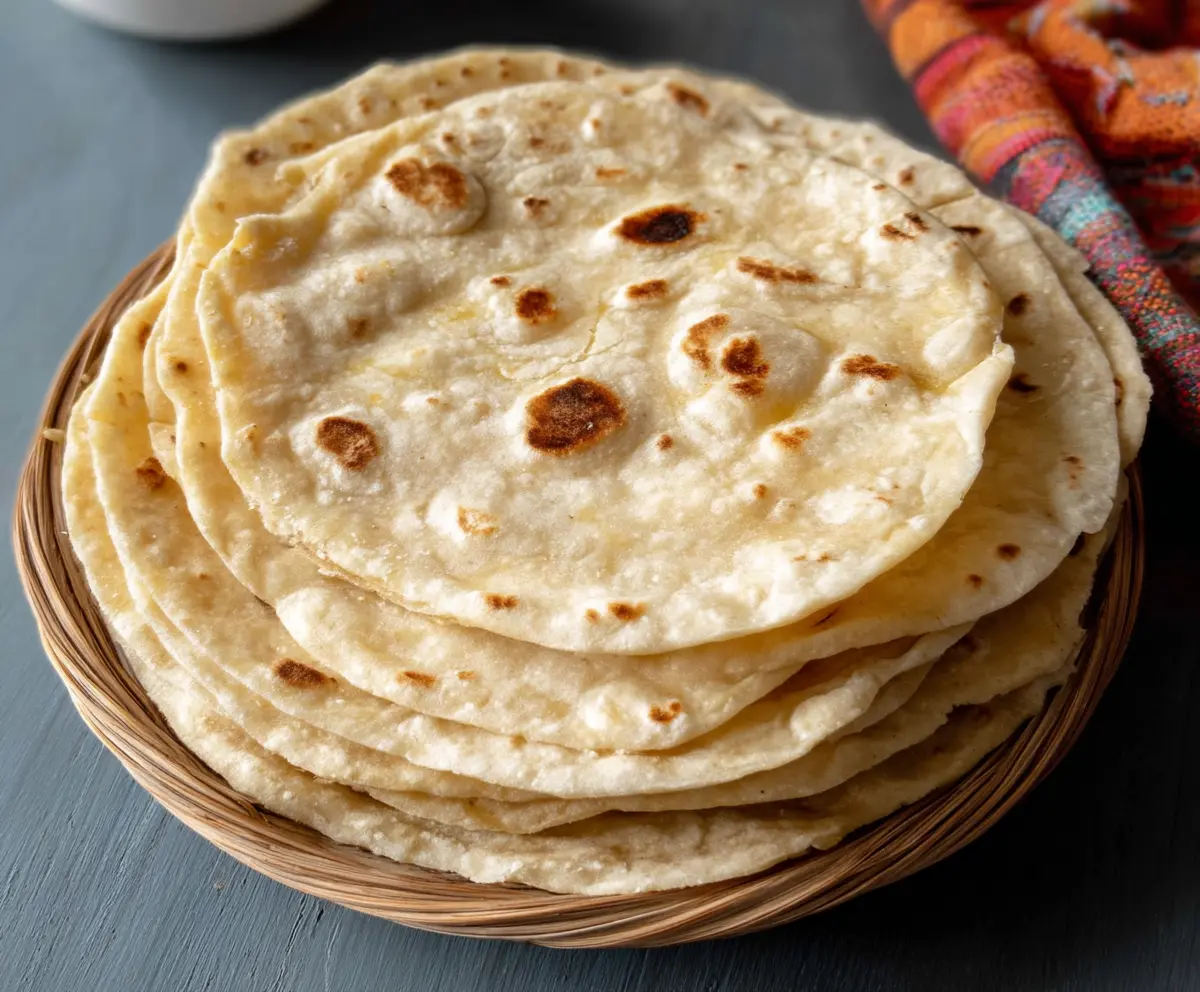 Homemade sourdough butter tortillas on a rustic wooden table, perfect for breakfast or tacos.
