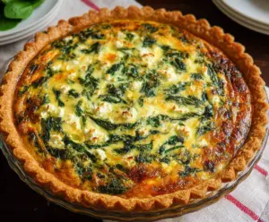 Delicious spinach and feta cheese quiche served hot with a flaky crust.