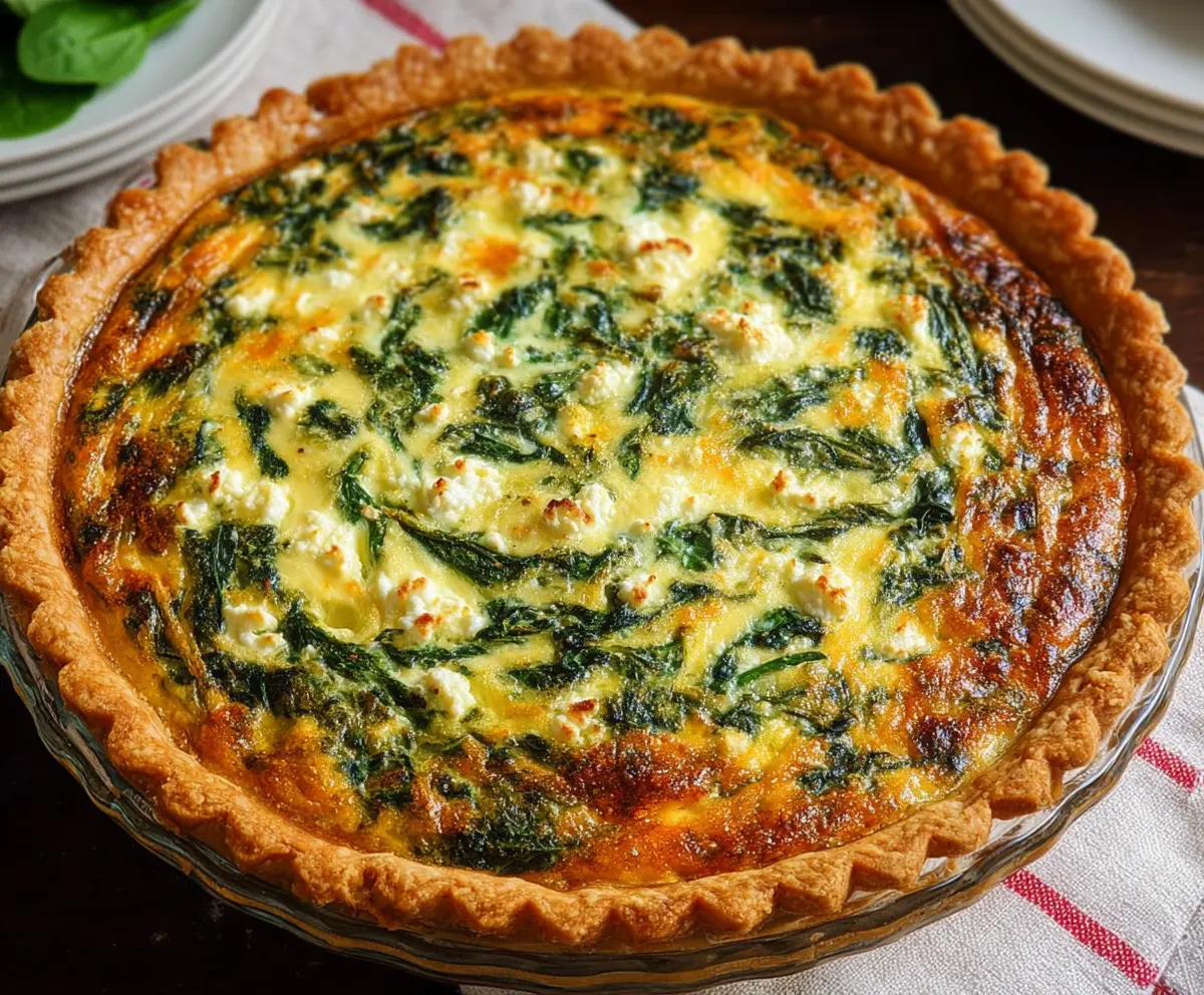 Delicious spinach and feta cheese quiche served hot with a flaky crust.