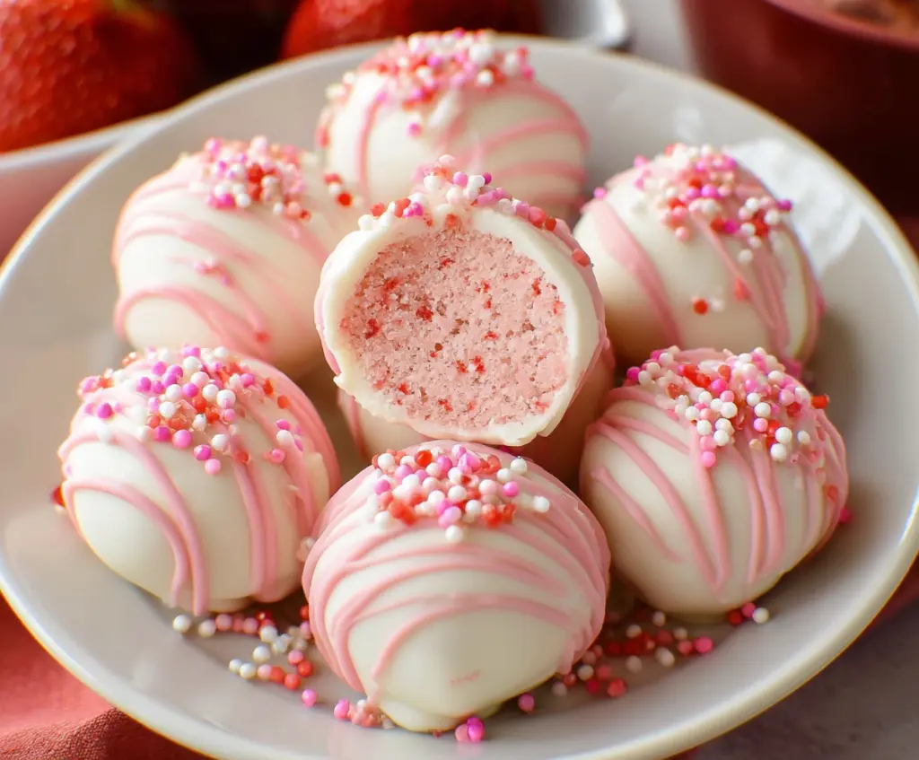 Delicious strawberry cake balls decorated with pink sprinkles, perfect for parties and celebrations.