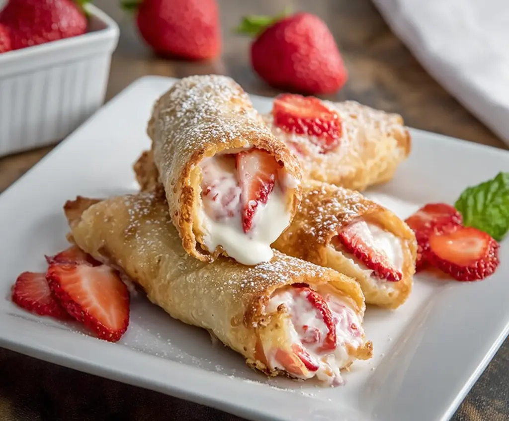 Delicious strawberry cheesecake egg rolls with creamy filling and crispy wrapper, perfect for dessert.
