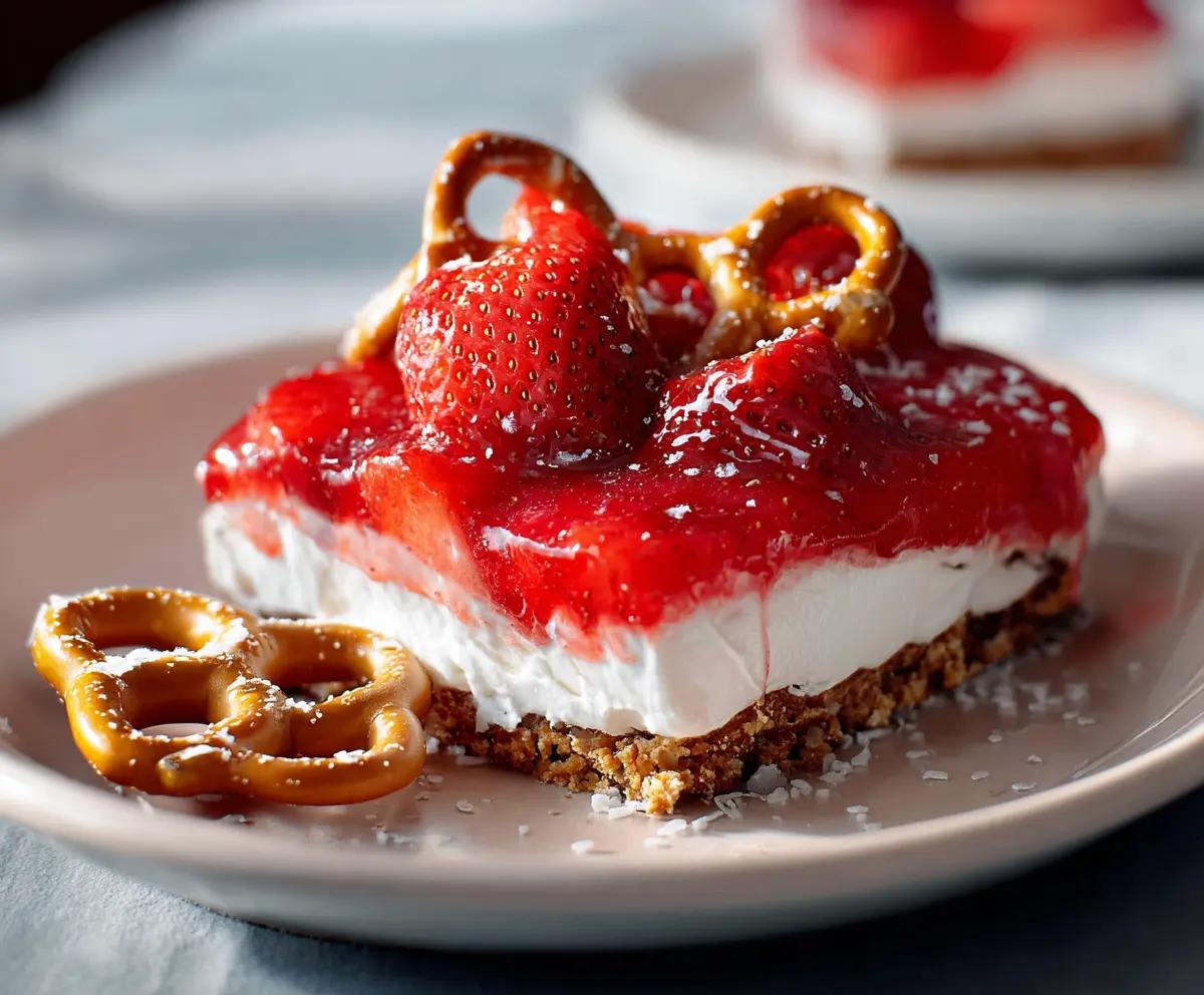 Delicious strawberry pretzel dessert with layers of fresh strawberries, creamy filling, and crunchy pretzel crust