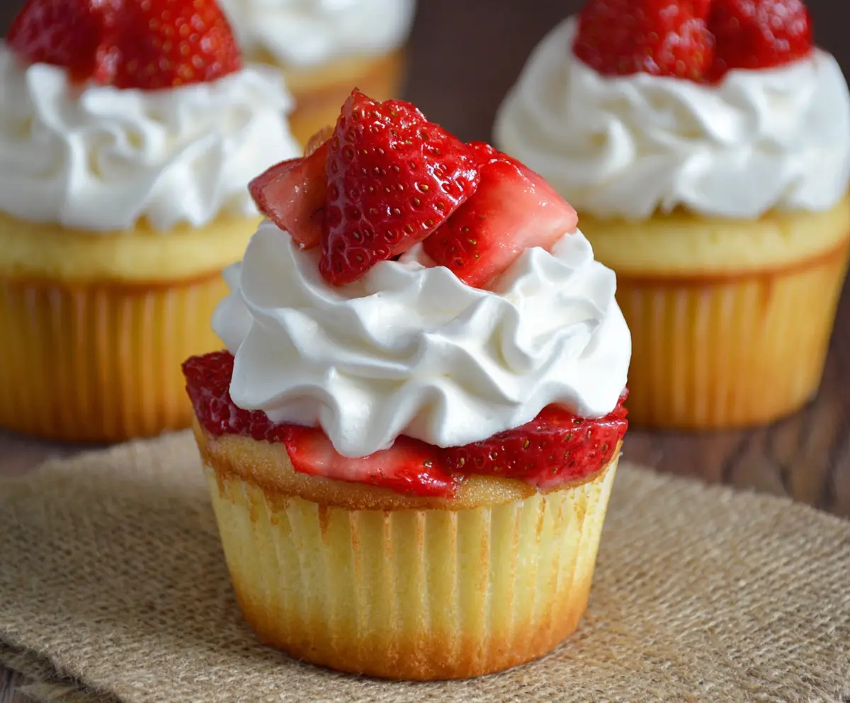 Delicious strawberry shortcake cupcakes with fresh strawberries and fluffy whipped cream topping.