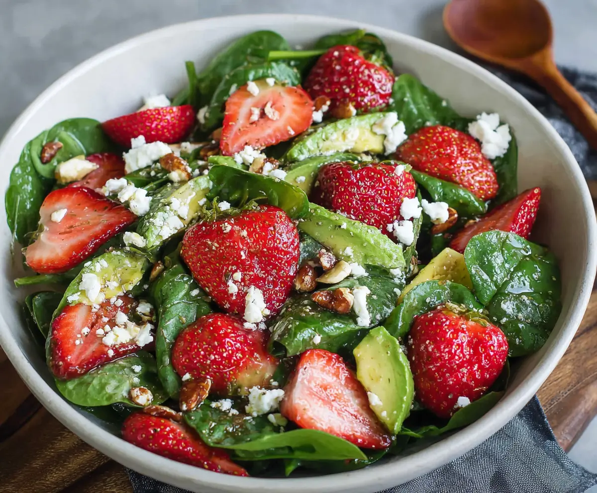 Fresh Strawberry Spring Salad with mixed greens and feta cheese for a healthy meal.