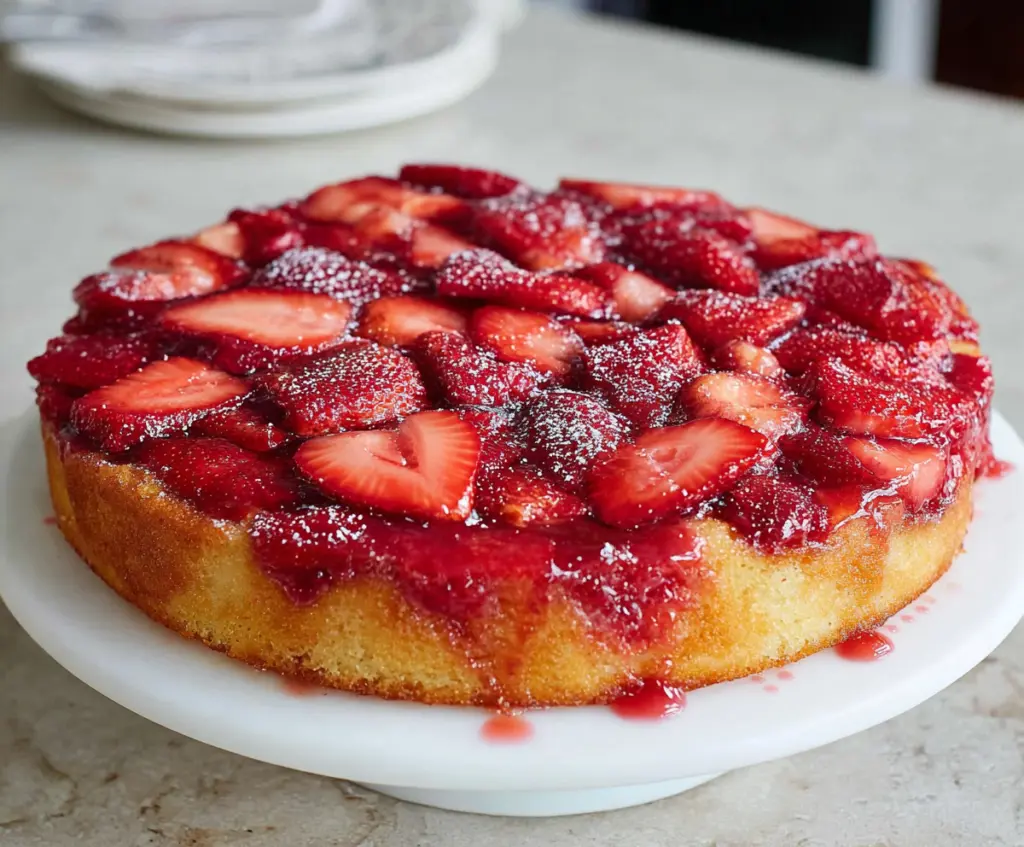 Delicious Strawberry Upside Down Cake with fresh strawberries and caramelized topping.