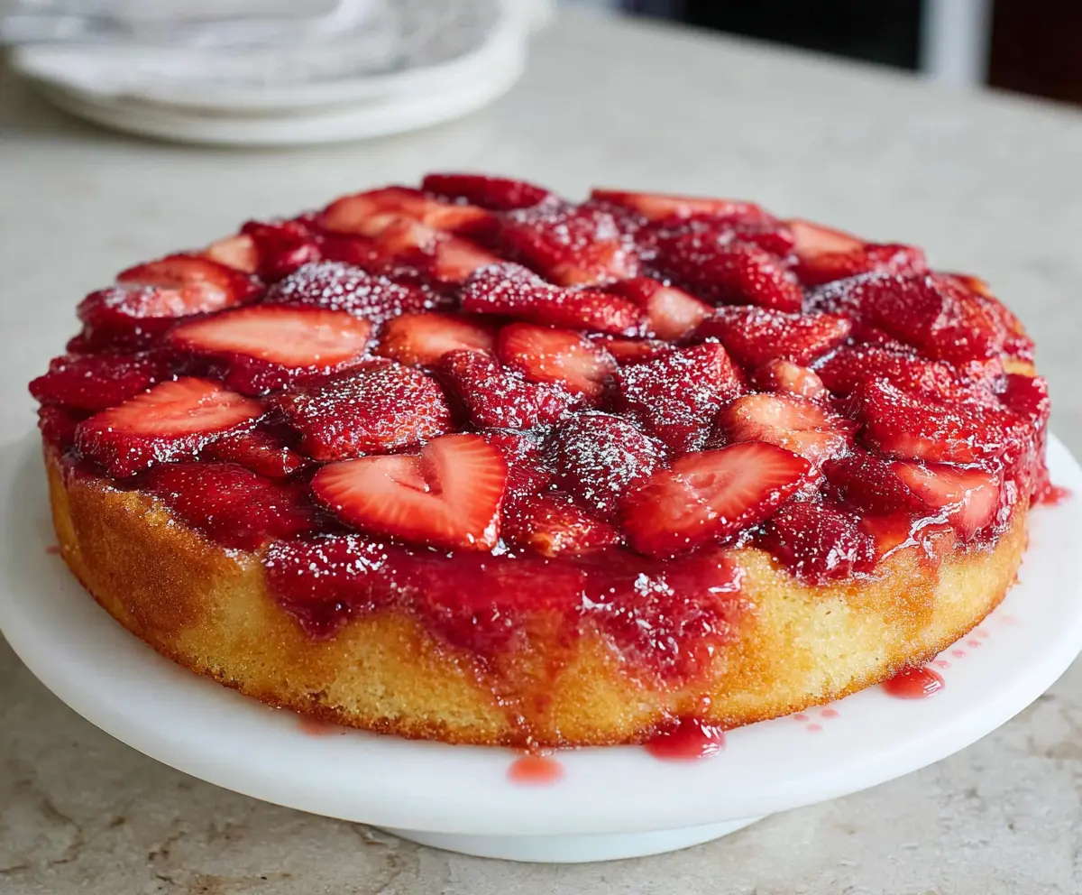 Delicious Strawberry Upside Down Cake with fresh strawberries and caramelized topping.
