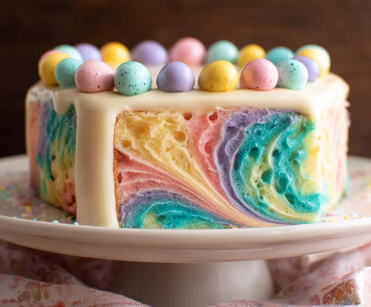 Delicious swirled Easter cake with colorful frosting and festive decoration.