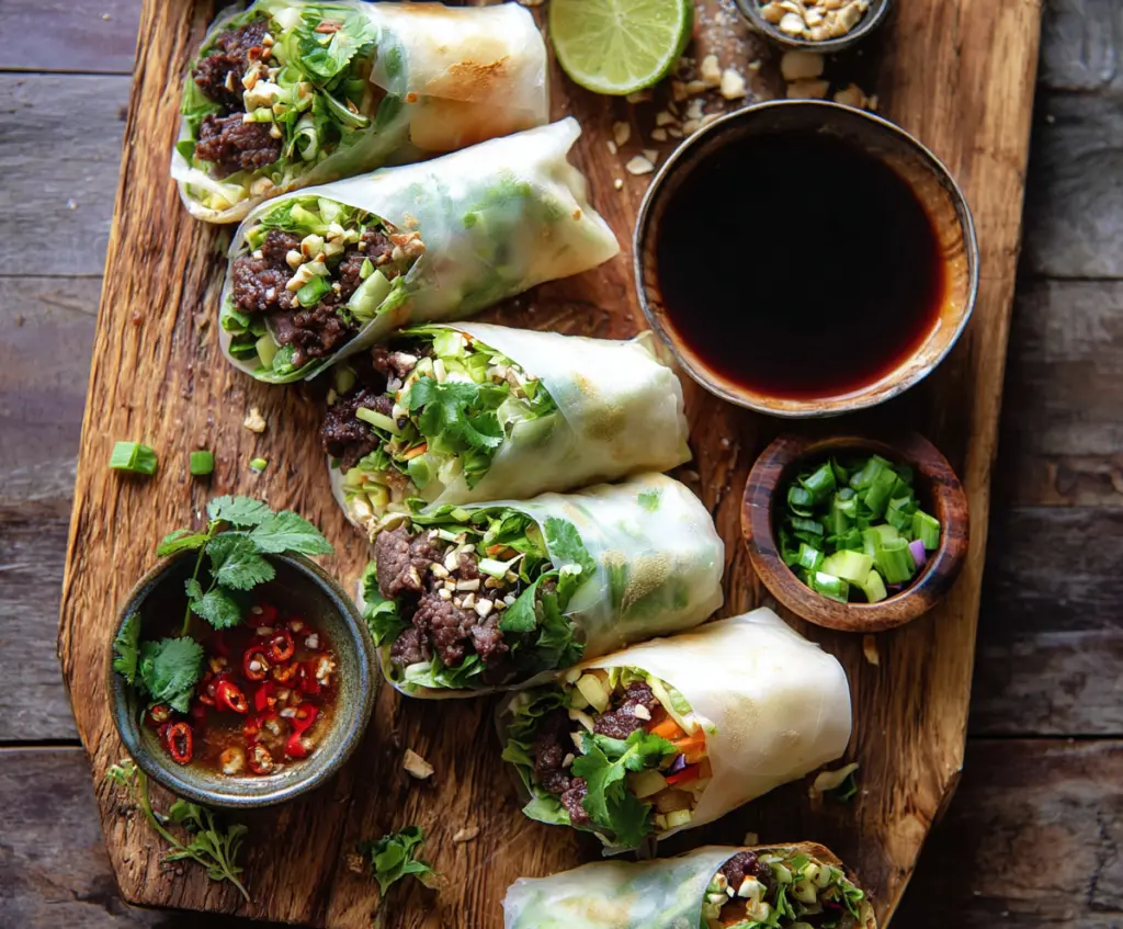 Fresh Thai beef spring rolls with herbs and dipping sauce on a white plate.