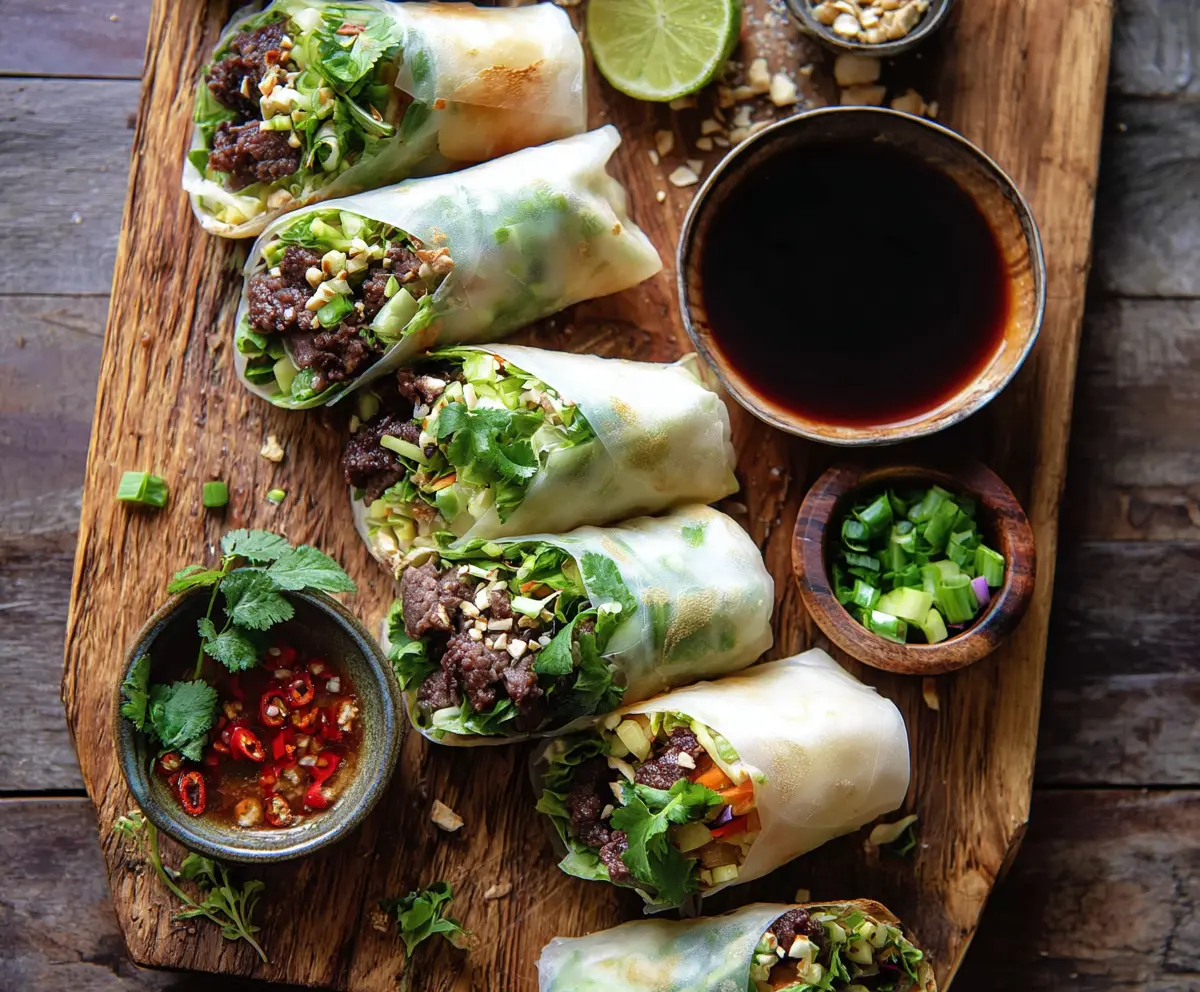 Fresh Thai beef spring rolls with herbs and dipping sauce on a white plate.