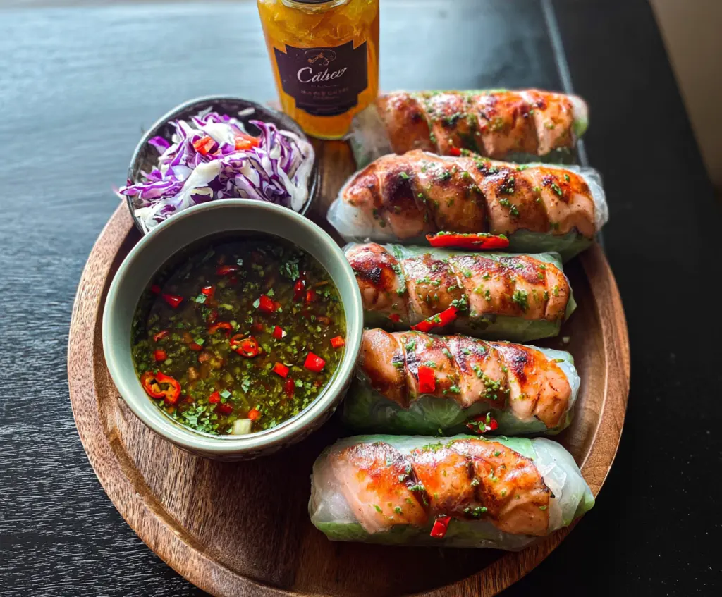Fresh Vietnamese Baked Salmon Spring Rolls with vibrant herbs and dipping sauce