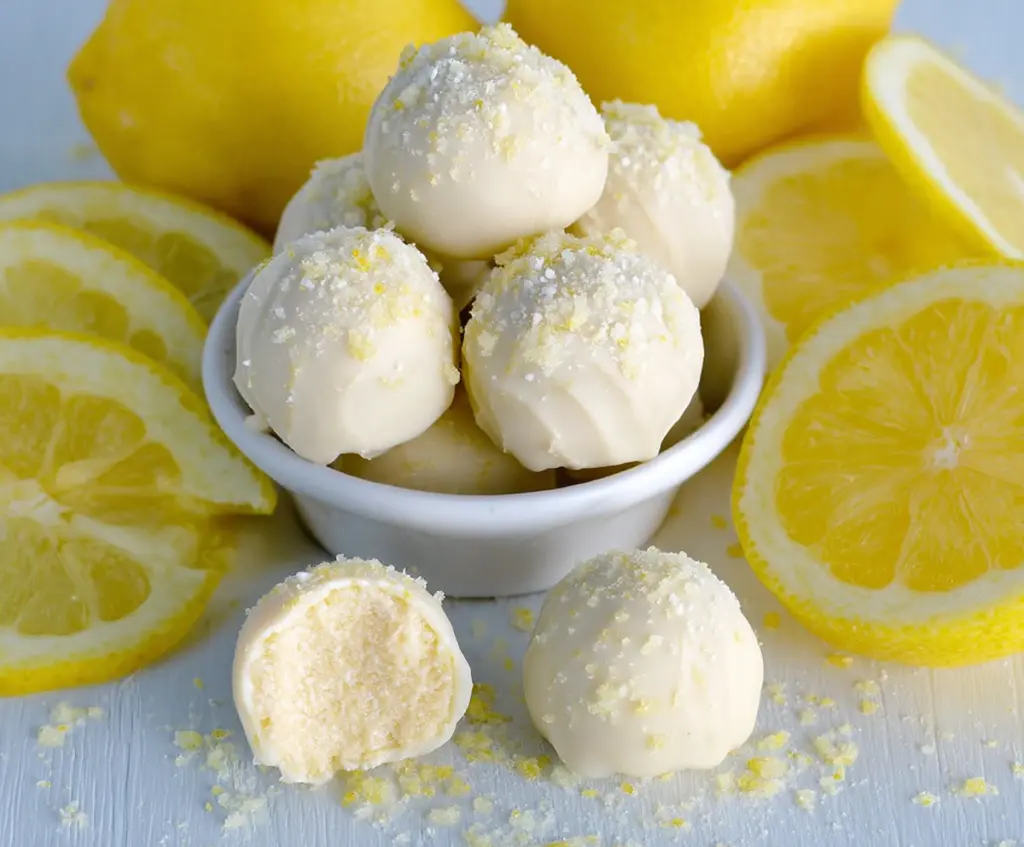 Delicious white chocolate lemon truffles garnished with lemon zest on a elegant plate.