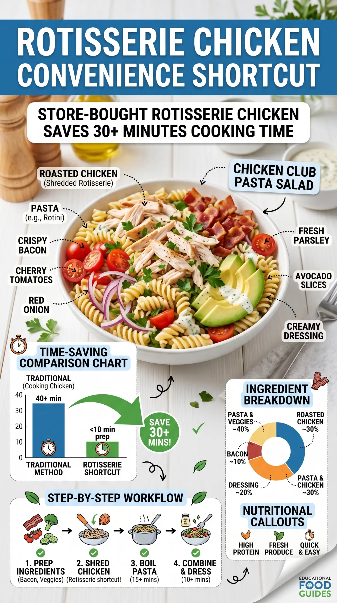 Chicken Club Pasta Salad with bacon, ranch, and crisp vegetables