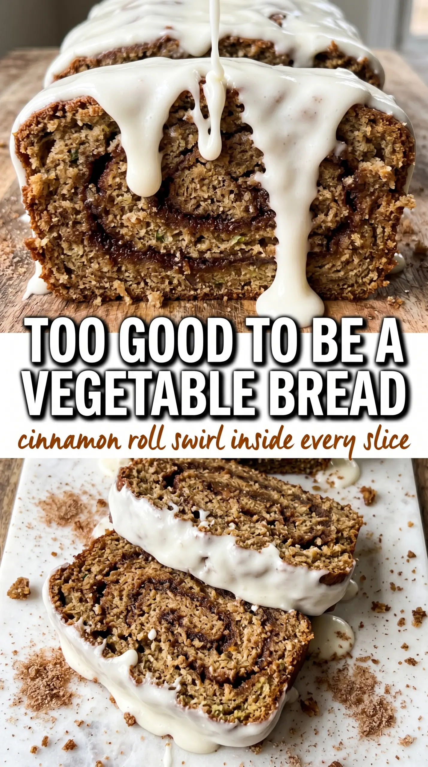 Cinnamon Roll Zucchini Bread with cinnamon swirl and cream cheese drizzle