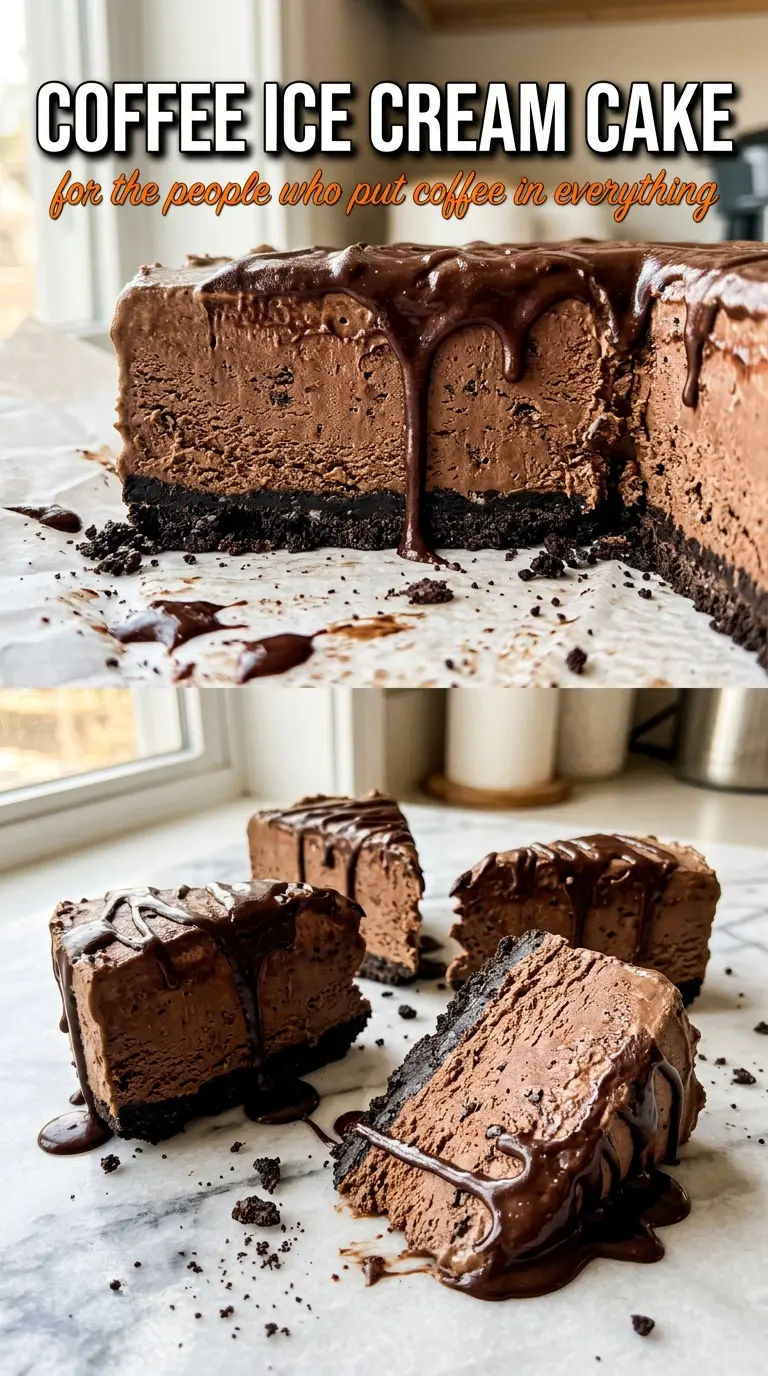 Coffee Ice Cream Cake with chocolate ganache, Oreo crust, espresso beans