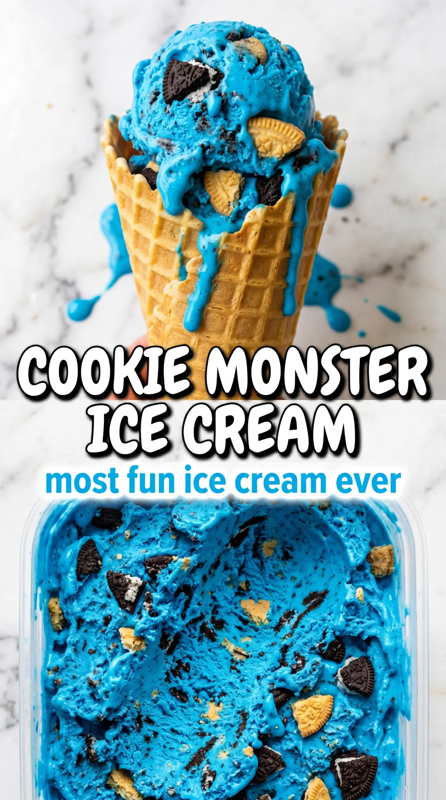 Cookie Monster ice cream, electric blue, cookie chunks