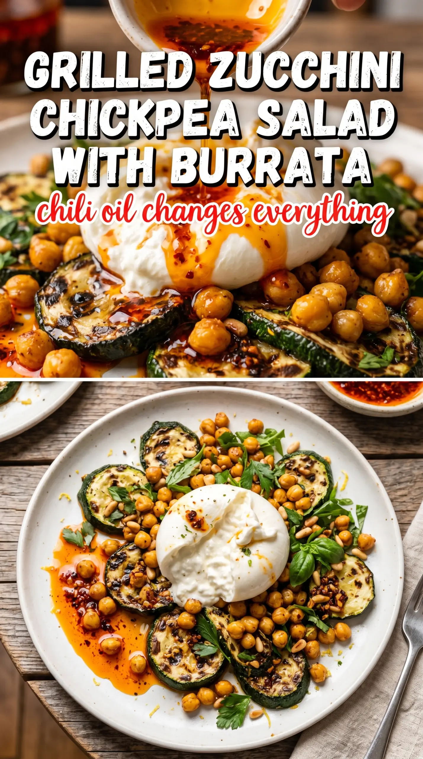 Grilled Zucchini Chickpea Salad with Burrata and Chili Oil charred creamy crispy