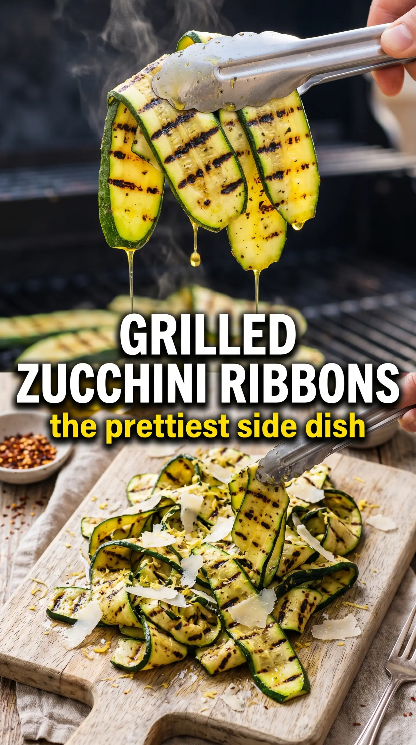 Grilled Zucchini Ribbons with lemon herb dressing, charred, elegant