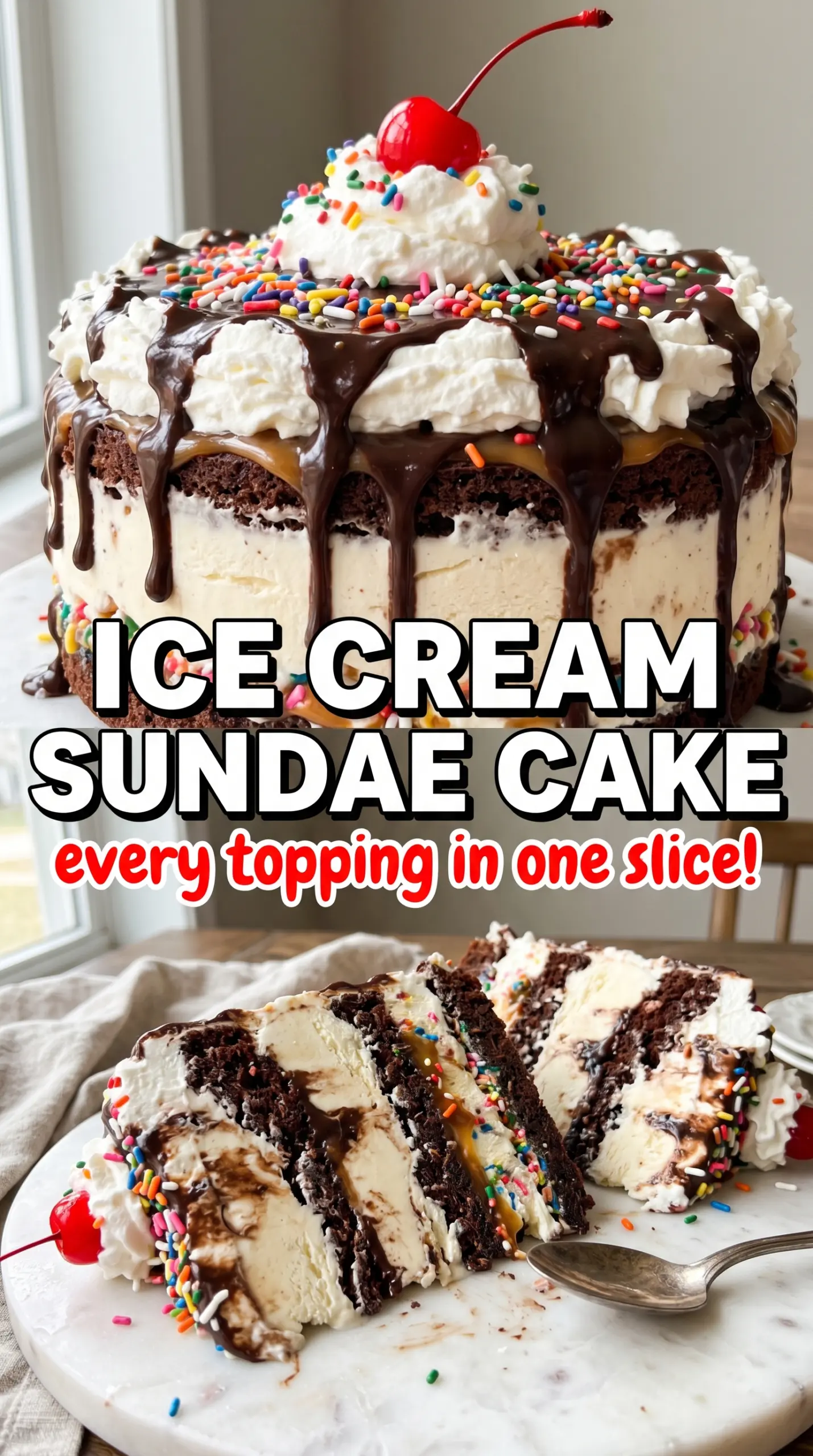 Ice Cream Sundae Cake creamy chocolatey topped with sprinkles