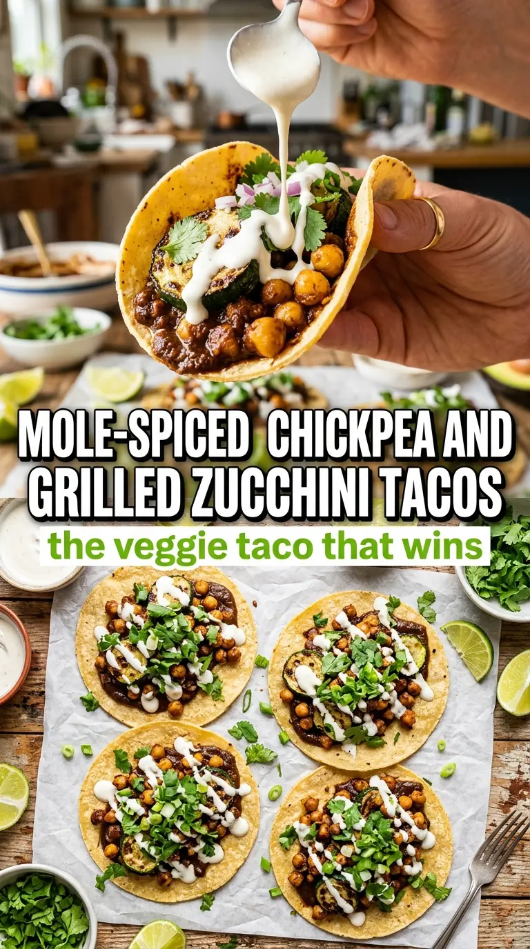 Mole-Spiced Chickpea and Grilled Zucchini Tacos charred crispy creamy