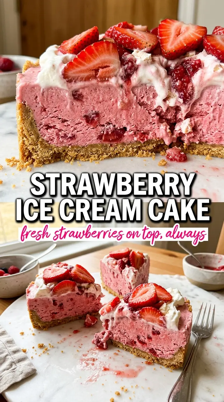 Strawberry Ice Cream Cake with fresh strawberries