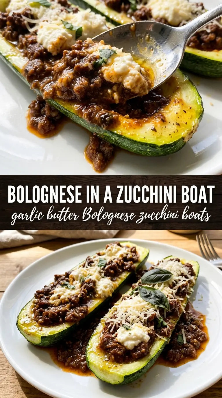 Garlic Butter Zucchini Boat Bolognese rich cheesy stuffed zucchini