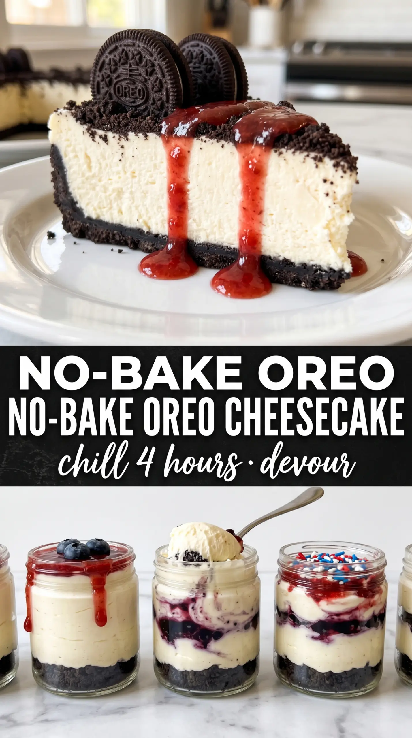 No-Bake Fireworks Oreo Cheesecake red blue sprinkles creamy