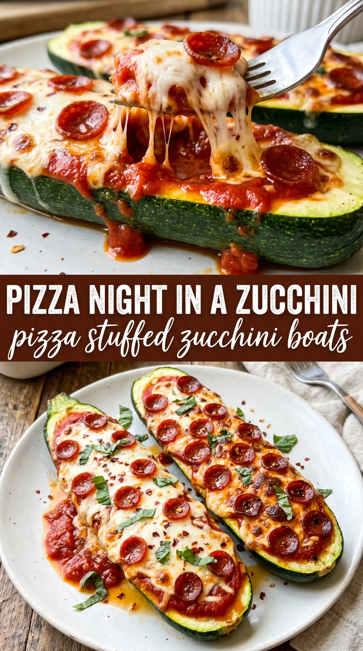 Pizza Stuffed Zucchini Boats with pepperoni, mozzarella, and basil