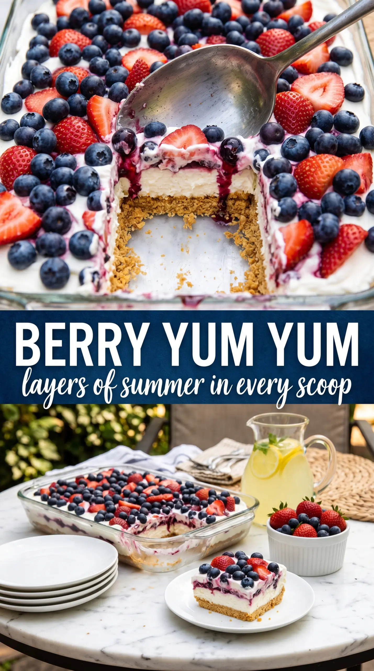Red, White and Blue Mixed Berry Yum Yum layered dessert, creamy berry, patriotic