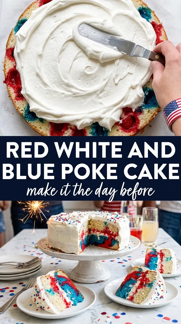 Red, White and Blue Poke Cake patriotic dessert, Jell-O stripes, whipped topping