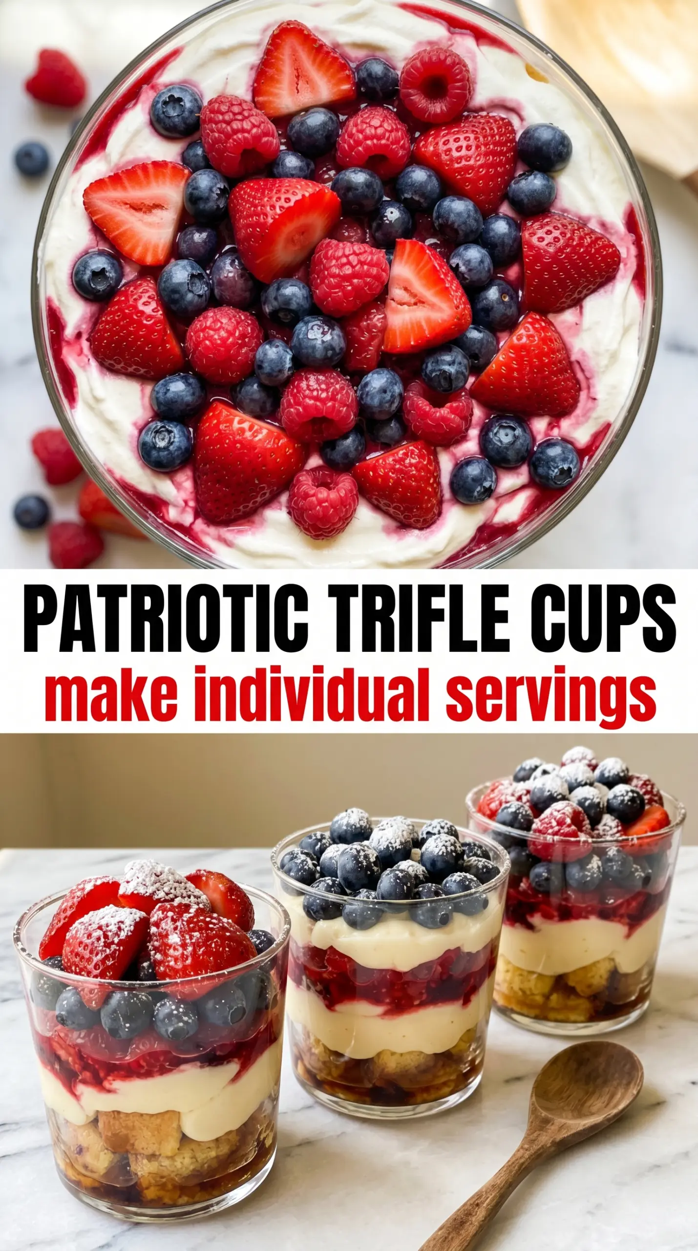 Red, White and Blueberry Trifle layered dessert, fluffy cream, fresh berries