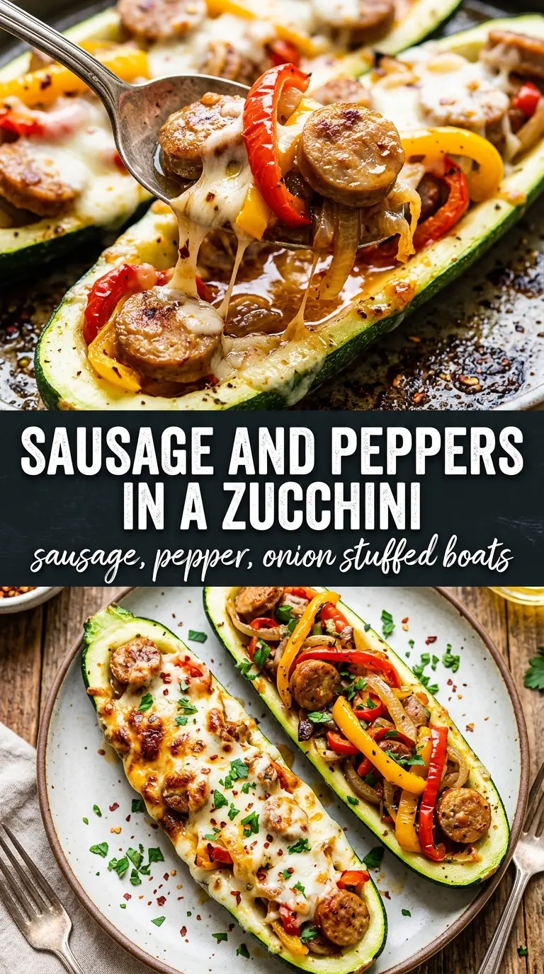 Sausage, Pepper, and Onion Stuffed Zucchini Boats, cheesy, savory, low carb