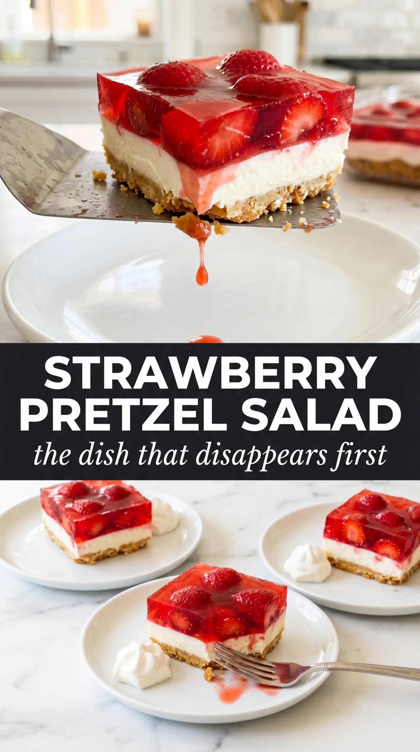 Strawberry Pretzel Jello Salad layered dessert, sweet-salty, creamy