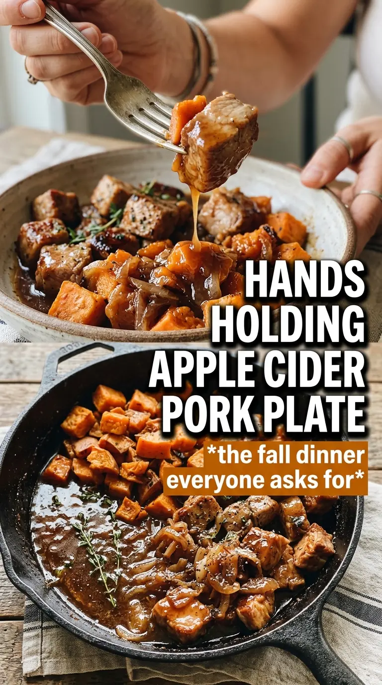 Apple Cider Pork With Mashed Sweet Potatoes, golden pan-seared, velvety, apple slices